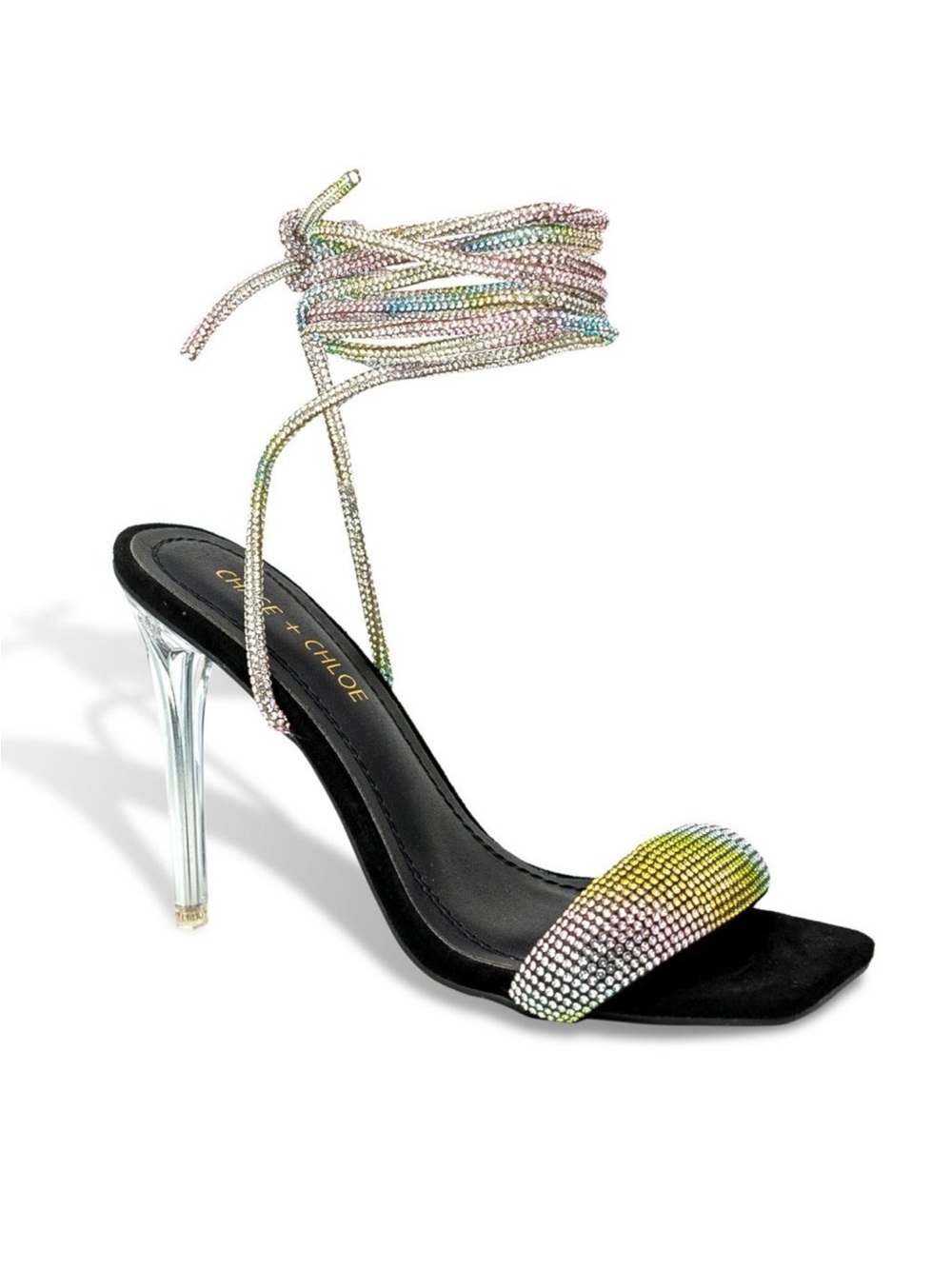 Chloe Metallic Crystal Ankle-Tie Stiletto Sandal in Multi-Color
